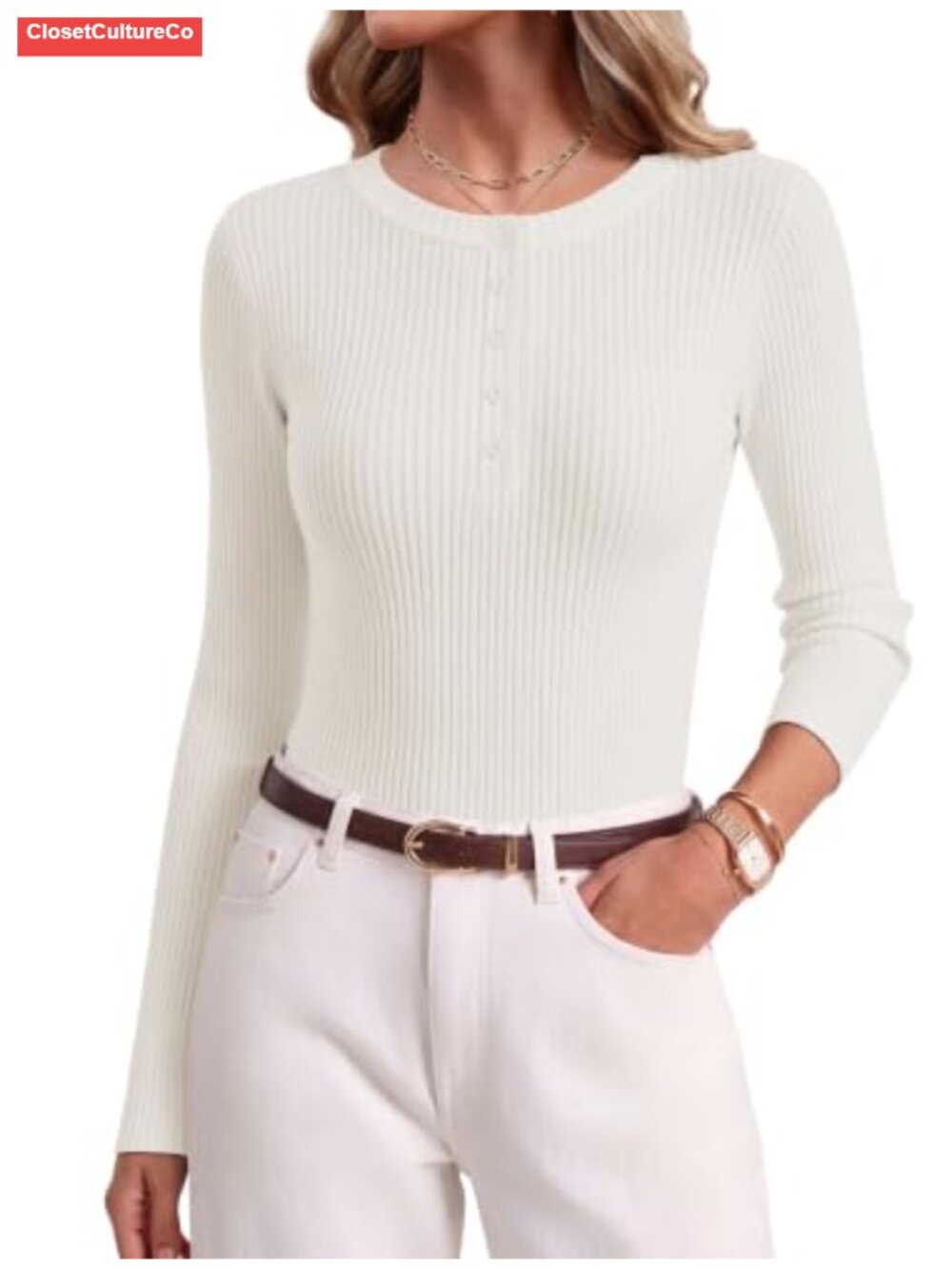 Ekouaer Rib Knit Long Sleeve Henley Top Slim Fit Lightweight Sweater